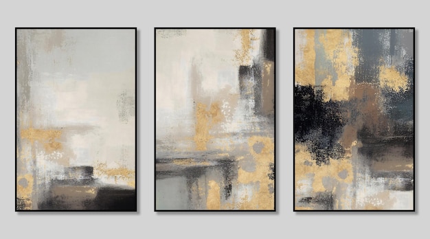 Artistic triptych composed of abstract vintage golden texture and gray background