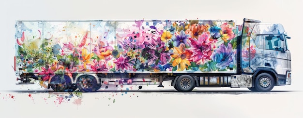 Photo artistic truck with colorful floral graphics bright and vibrant design set against a neutral background