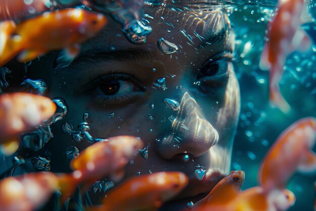 Photo artistic underwater portrait of a womans face surrounded by goldfish creating a dreamy and surreal atmosphere with vibrant colors