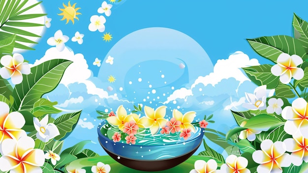 Artistic vector depiction of Songkran festival highlights with a water bowl filled with flowers vibrant water splashes and tropical elements framed by green leaves white blossoms and a blue