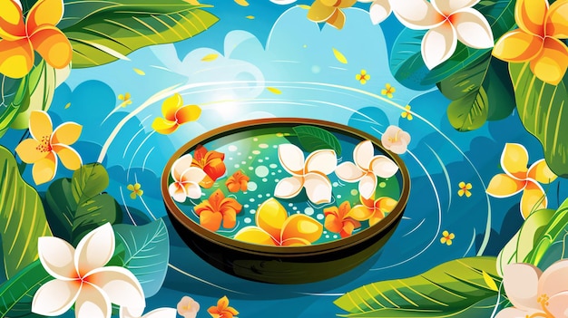 Artistic vector depiction of Songkran festival highlights with a water bowl filled with flowers vibrant water splashes and tropical elements framed by green leaves white blossoms and a blue