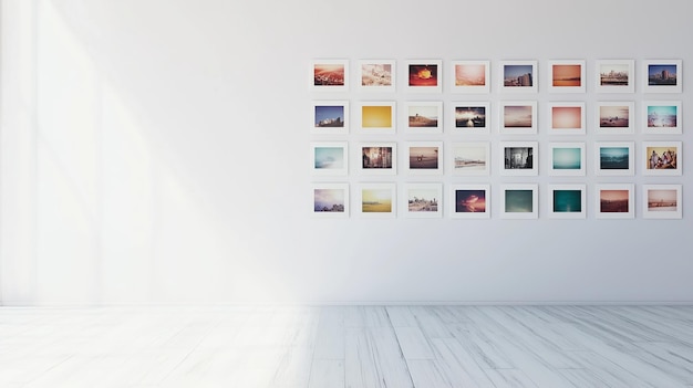 Photo artistic wall of framed photographs showcasing diverse landscapes and cityscapes in a bright minimalistic gallery space during daylight