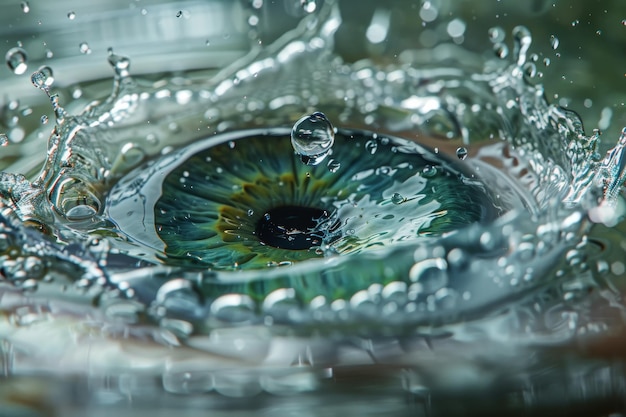 Artistic water splash surrounding a green eye representing fluidity and clarity in visual perception