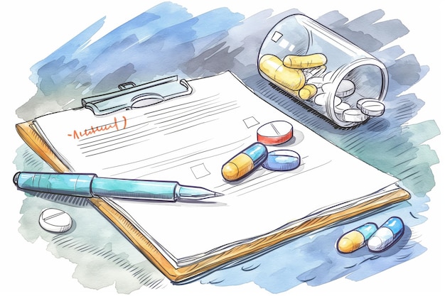 Photo artistic watercolor drawing of a blank prescription pad pen and scattered pills highlighting healthcare and pharmacy themes