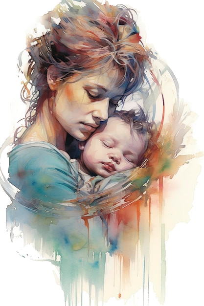 Artistic watercolor illustration capturing the profound bond between a mother and her baby AI Generated