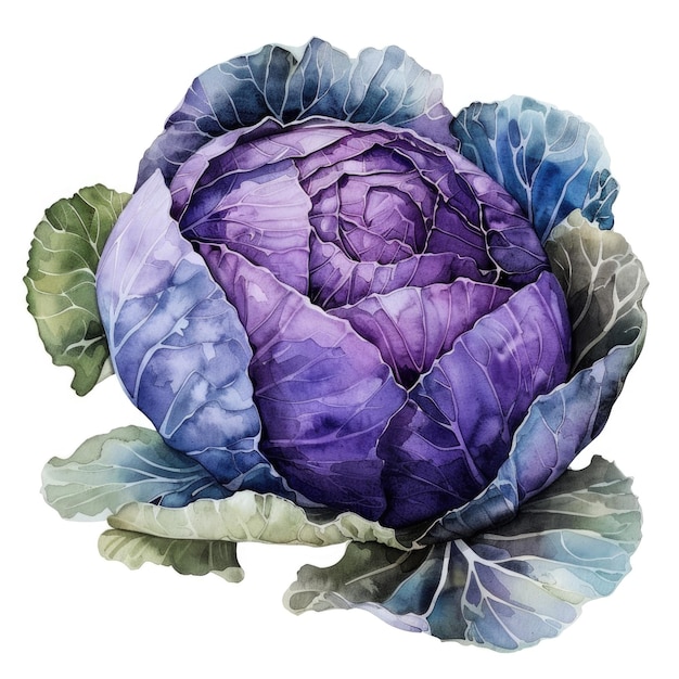 An artistic watercolor painting of a purple cabbage isolated on a white background