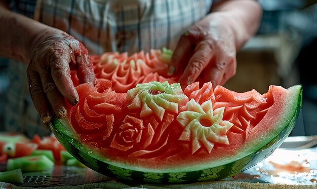 Photo artistic watermelon carving a creative craft in progress