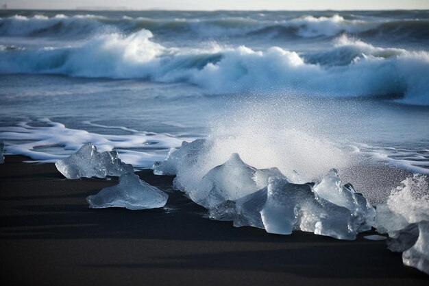 Artistic Waves Surround Ice Chunks and Black