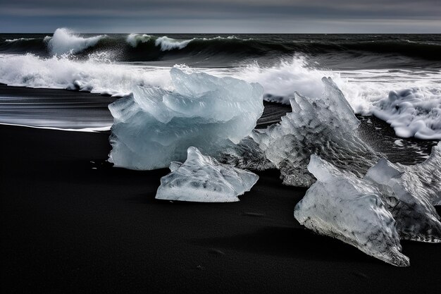 Artistic Waves Surround Ice Chunks and Black