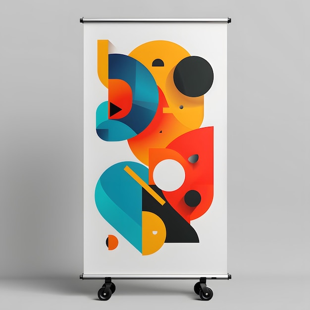 Photo artistic white rollup banner mockup featuring a vibrant fusion of digital abstract art in bold colors perfect for showcasing creative branding and advertising