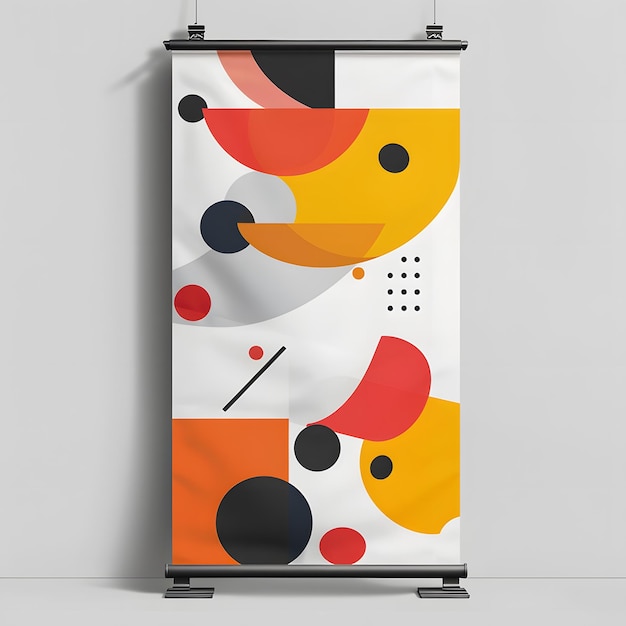 Photo artistic white rollup banner mockup featuring a vibrant fusion of digital abstract art in bold colors perfect for showcasing creative branding and advertising