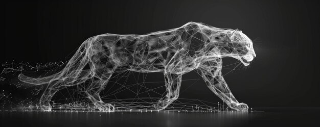 An artistic wireframe of a prowling panther composed of polygon technology and detailed with lines