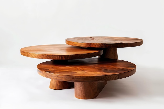 Artistic wooden coffee table with three layered round surfaces showcasing natural grain details and sleek design