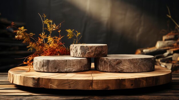 Artistic Wooden Podium with Stone Accents in a Dramatic Spotlight