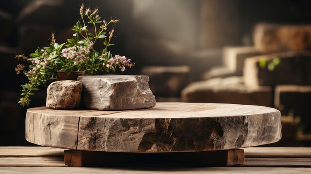 Artistic Wooden Podium with Stone Accents in a Dramatic Spotlight