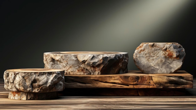 Artistic Wooden Podium with Stone Accents in a Dramatic Spotlight