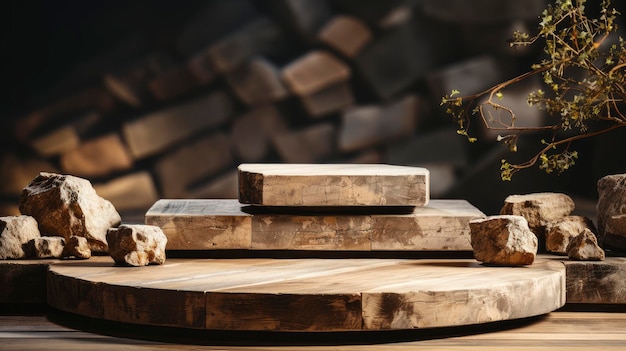 Artistic Wooden Podium with Stone Accents in a Dramatic Spotlight