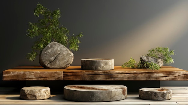 Artistic Wooden Podium with Stone Accents in a Dramatic Spotlight