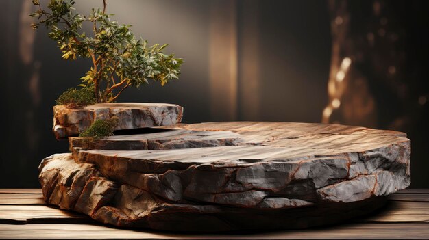 Artistic Wooden Podium with Stone Accents in a Dramatic Spotlight