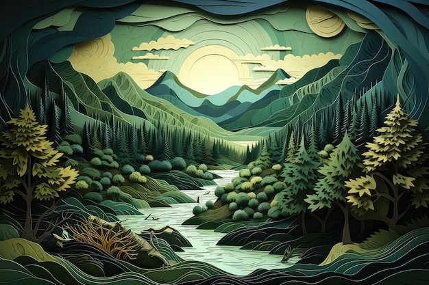 Artistic Woodland Papercraft Mountain Trees Captured Forest Papercut Style Green Theme Generative AI