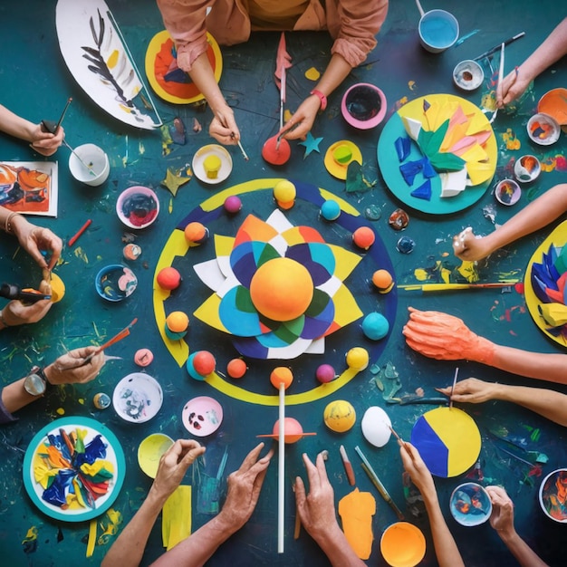 Artistic Workshops Illustrate an art workshop with people painting sculpting and creating