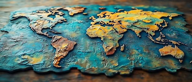 Artistic world map relief showcasing continents in vibrant colors