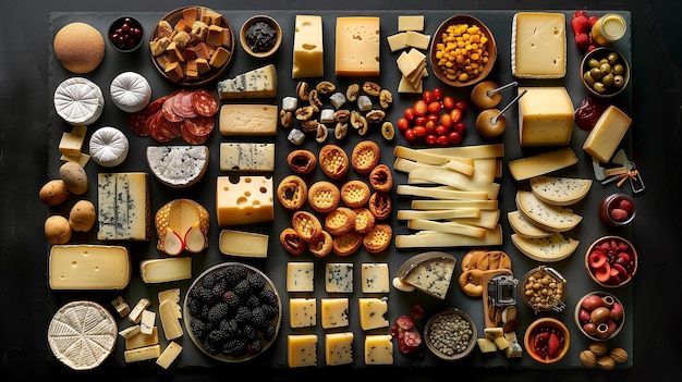 Photo artistically arranged assortment of cheese on a black table top for elegant presentation