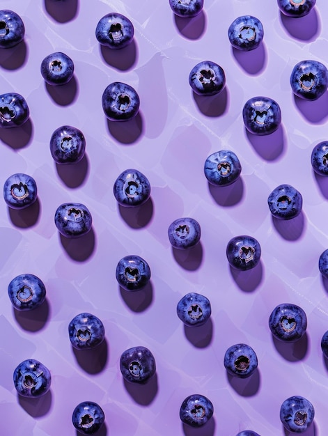 Photo artistically arranged blueberries on a vibrant purple background generative ai