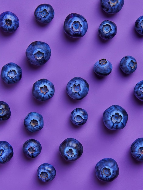 Photo artistically arranged blueberries on a vibrant purple background generative ai