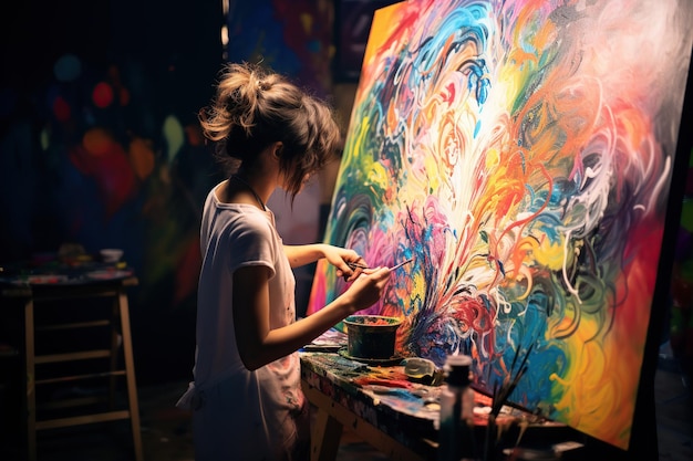 artistically driven painter standing before a canvas lost in a world of colors and strokes Generated with AI