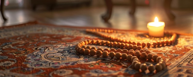 Photo artistically lit prayer beads and a prayer rug focus on islamic artistry and symbolism peaceful and contemplative mood