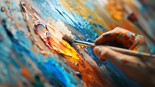 An artists hand is holding a paintbrush and painting on a canvas