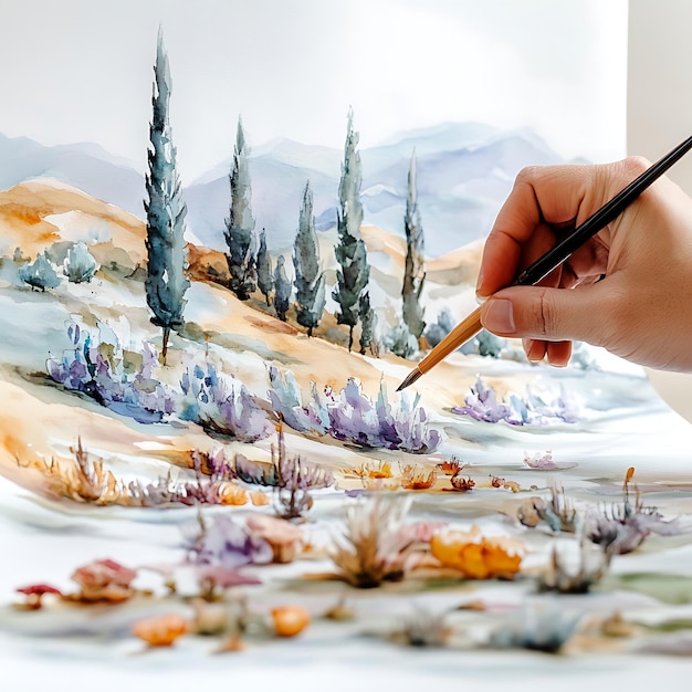 Photo artists hand painting a watercolor landscape with a brush