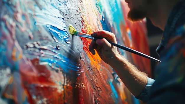 An artists hand paints a canvas with a brush The painting is abstract and colorful