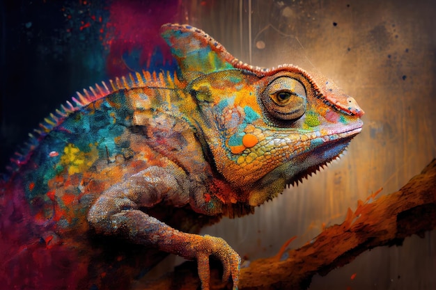 An artists interpretation of a chameleon with its many colors and textures