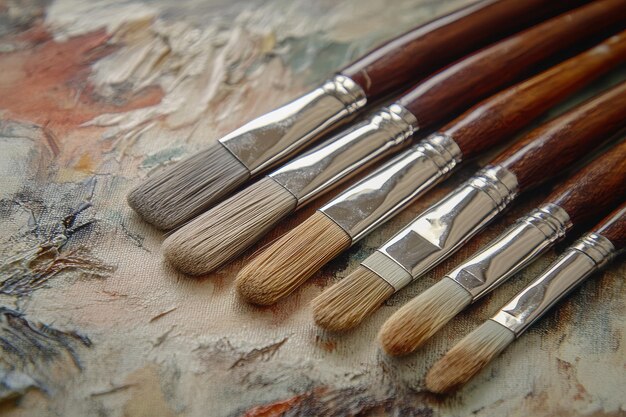 Photo artists paintbrushes arranged on a textured palette in a studio setting