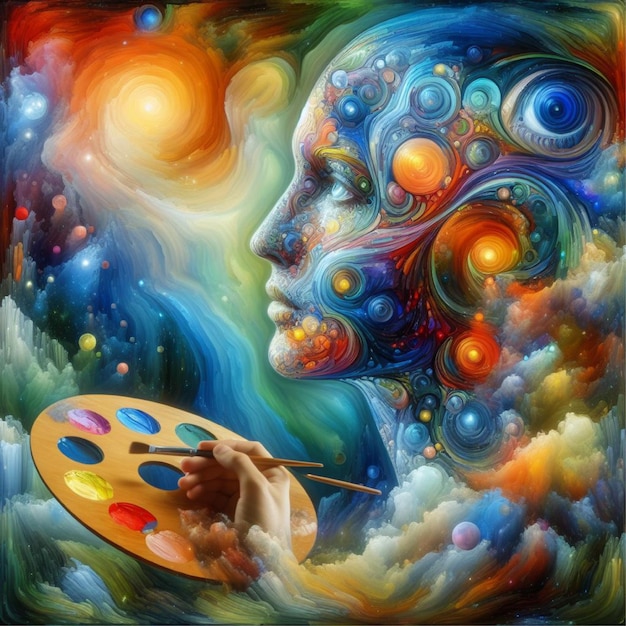 An artists palette of vivid colors creating a surreal painting that transcends reality Concept of