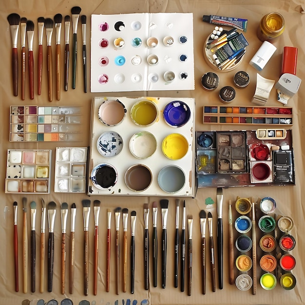 Photo artists palette with paintbrushes and paints