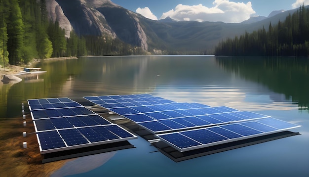 An artists rendition of a floating solar array on a tranquil lake AI Generativ