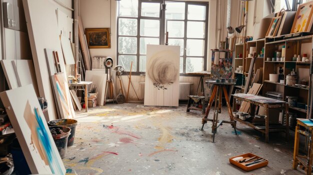 Artists studio bathed in warm sunlight with canvases paints and brushes scattered capturing the essence of creativity and inspiration