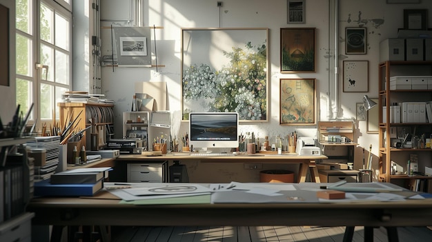 Artists Studio Workspace With Desk and Computer in Natural Light