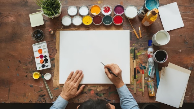 Artists workspace with canvas and paints Working artist table concept