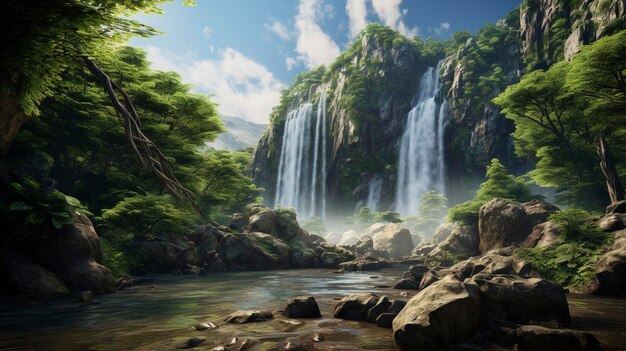 An artwork capturing the beauty and power of a cascading waterfall surrounded by lush vegetation