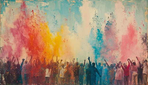 an artwork capturing the vibrant atmosphere of a Holi celebration in an Indian village