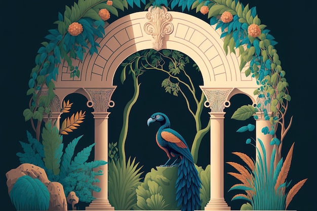 Artwork of a classical Greek arch a garden a peacock and a parrot