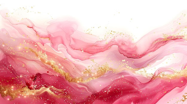 The artwork combines pink and gold hues in a fluid abstract style creating a captivating visual