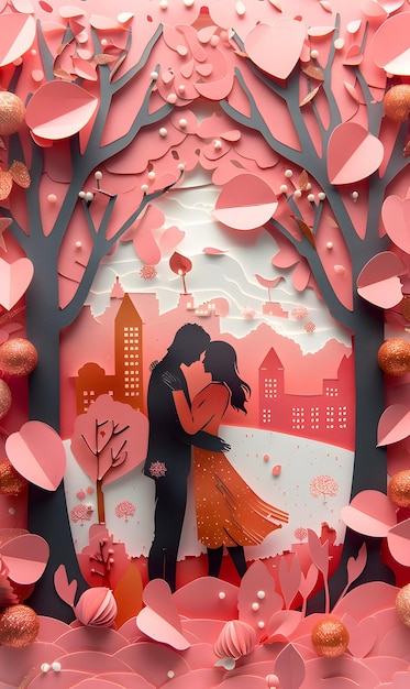 Artwork depicting a couple kissing amidst pink blossoms and green plants