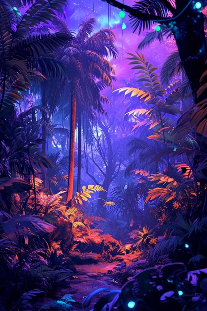 Artwork depicting a futuristic jungle with bioluminescent plants and trees