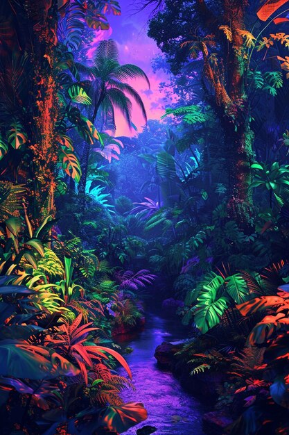 Artwork depicting a futuristic jungle with bioluminescent plants and trees