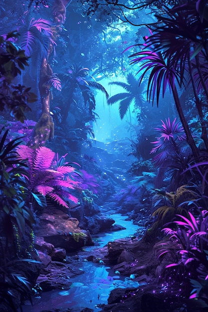 Artwork depicting a futuristic jungle with bioluminescent plants and trees